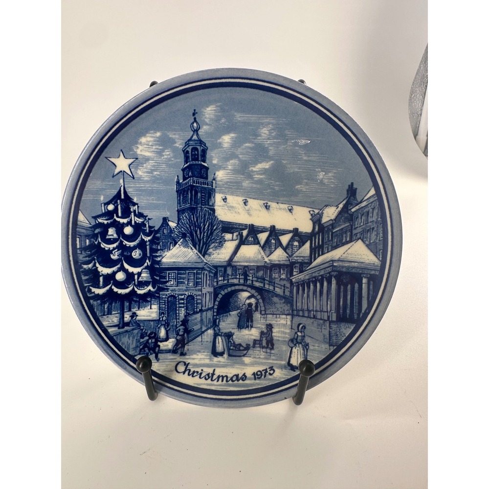 Delft Christmas 1973 Plate St Jans Church Gouda Holland Schoonhoven Blue White